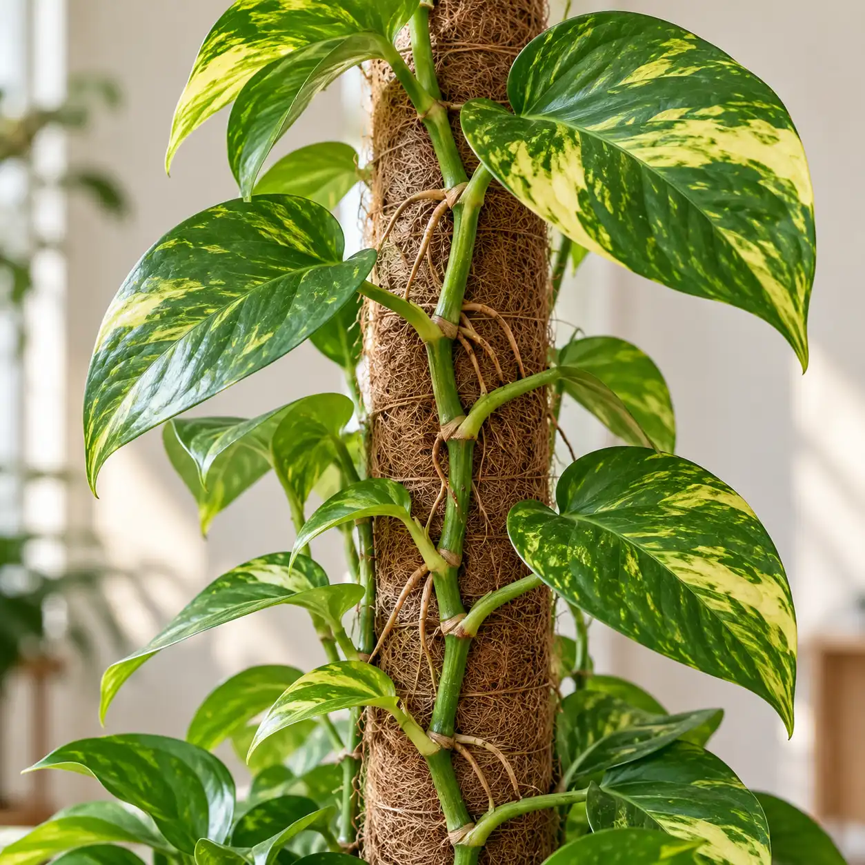 Pothos rampicante con nodi e radici aeree appoggiati a un tutore in fibra di cocco