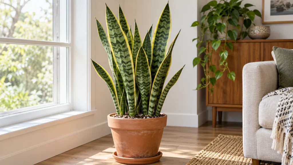 Sansevieria sana in vaso accanto a una finestra luminosa