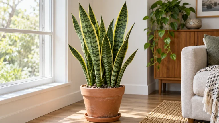 Sansevieria sana in vaso accanto a una finestra luminosa