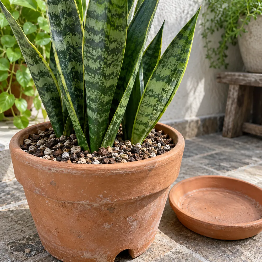 Sansevieria in vaso con foglie sode e terriccio drenante asciutto