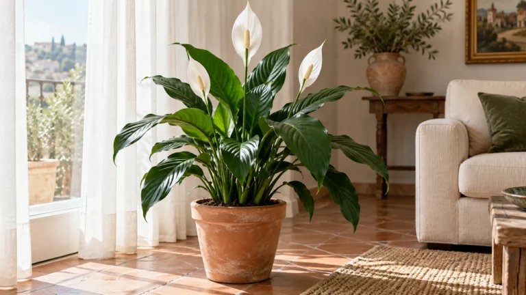 Spatifillo in vaso con foglie verdi e fiori bianchi in luce indiretta