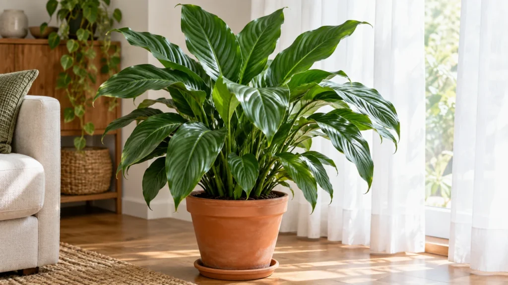 Spatifillo sano con foglie verdi senza fiori vicino a una finestra