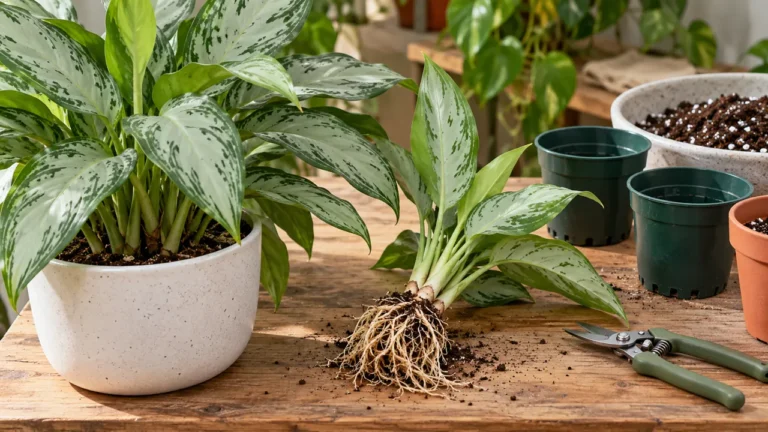 Aglaonema madre e divisione radicata accanto a piccoli vasi
