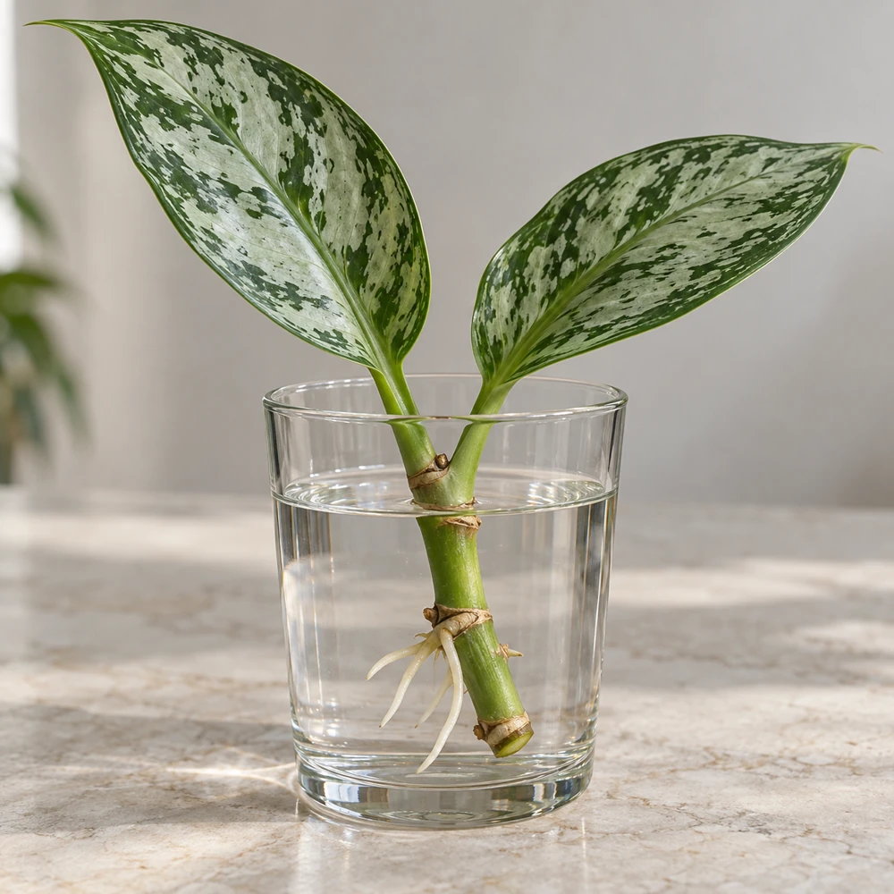 Talea di fusto di Aglaonema con nodi e radici in un recipiente d’acqua