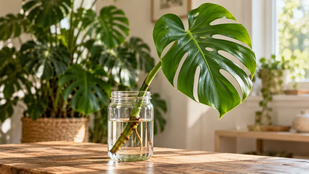 Talea di Monstera con nodo e radici in un vaso di vetro pieno d’acqua