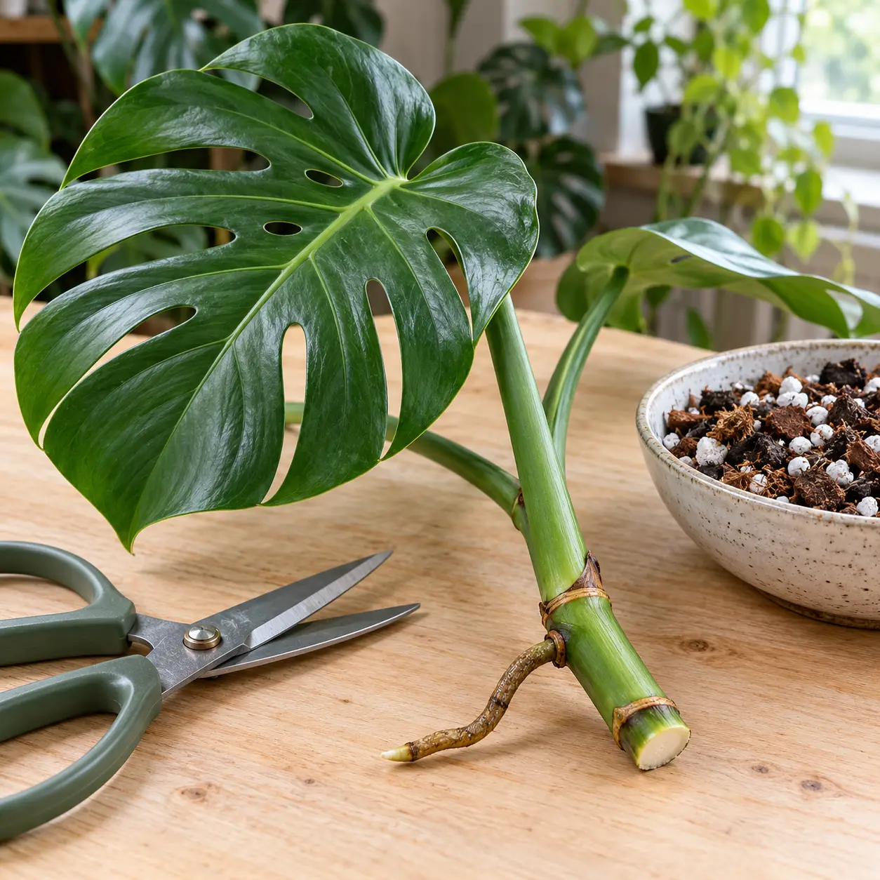 Nodo della talea di Monstera con radice aerea e taglio sotto il nodo
