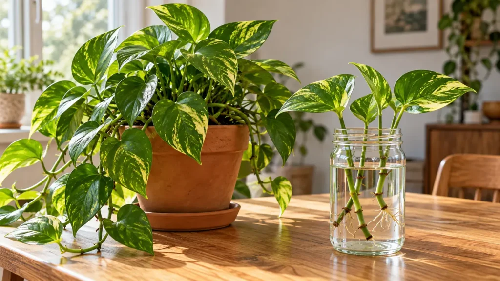 Talea di Pothos in acqua con radici in un contenitore di vetro