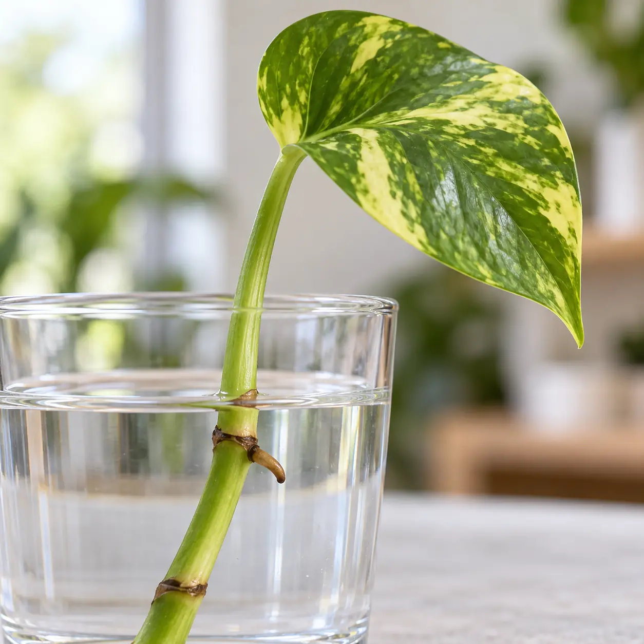 Nodo di una talea di Pothos con radice aerea immersa in acqua