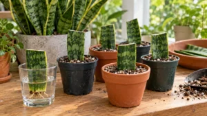 Talea di Sansevieria: sezioni di foglia in piccoli vasi e in acqua