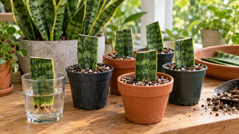 Talea di Sansevieria: sezioni di foglia in piccoli vasi e in acqua