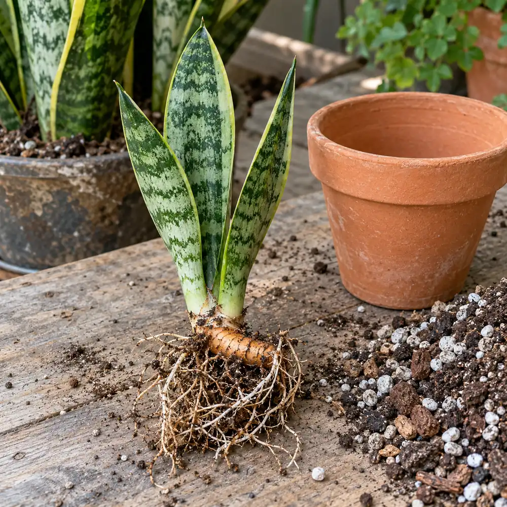 Talea di Sansevieria e divisione: pollone con rizoma e radici