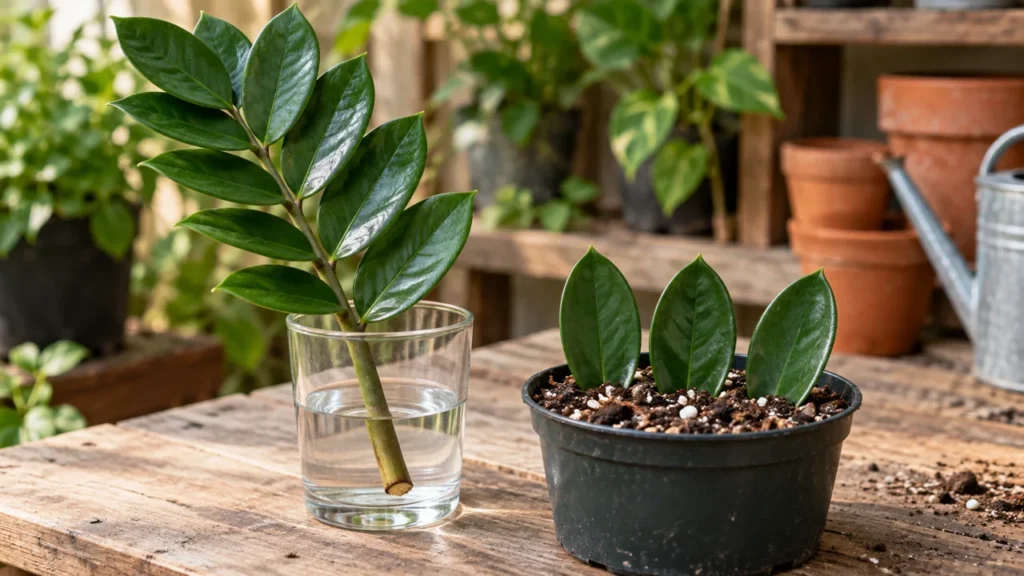 Talea di Zamioculcas: foglia composta in acqua e foglioline in terra
