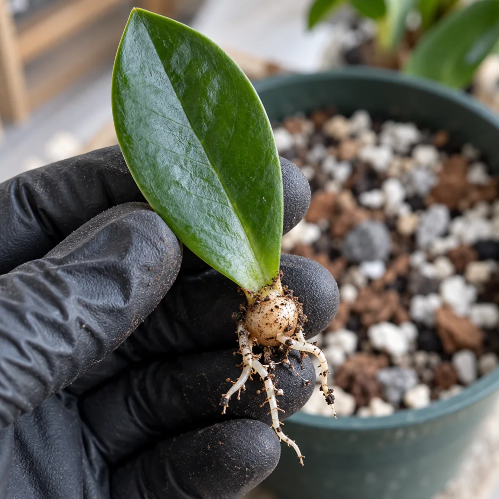 Talea di Zamioculcas: fogliolina con piccolo rizoma e nuove radici