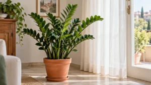 Zamioculcas sana in vaso accanto a una finestra con luce indiretta