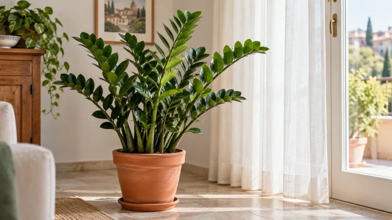 Zamioculcas sana in vaso accanto a una finestra con luce indiretta