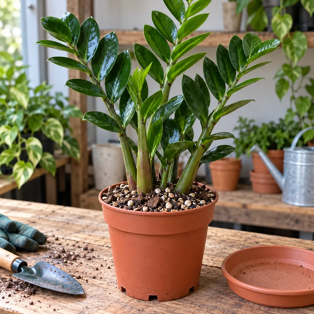Zamioculcas in vaso forato con substrato arioso e sottovaso vuoto